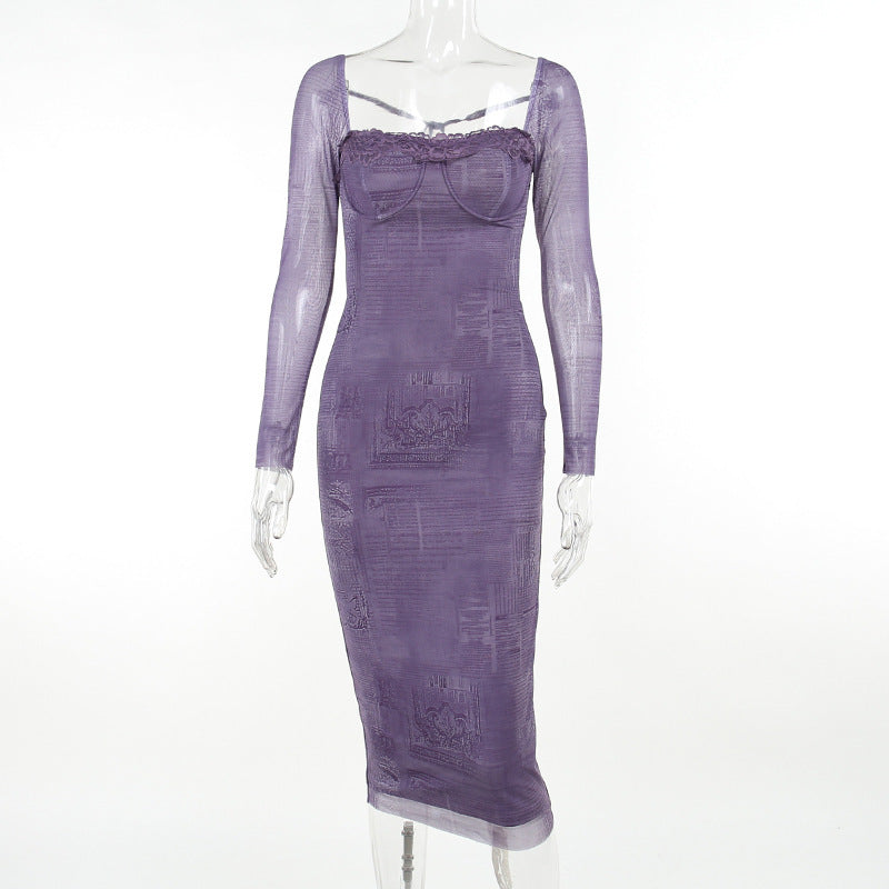 Luxe Corset-Inspired Lace Square-Neck Long Sleeve Maxi Dress