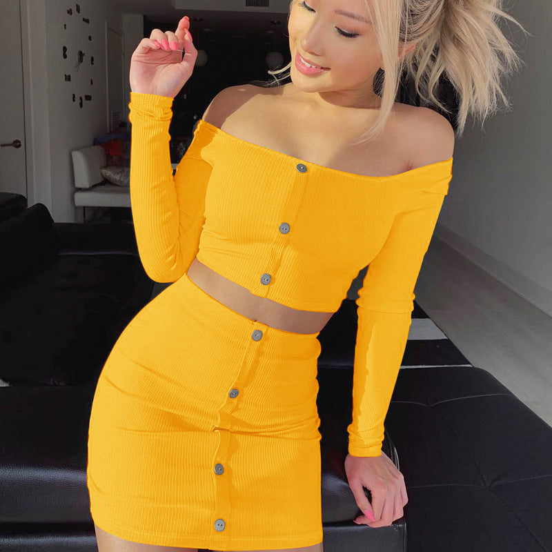 Hot Luxe Off-shoulder Button Bodycon Set