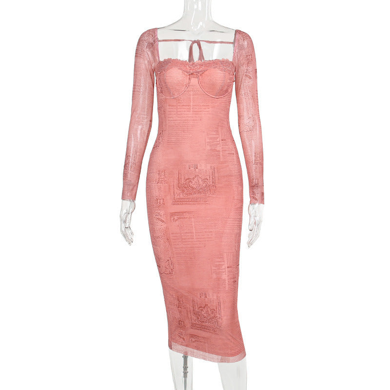 Luxe Corset-Inspired Lace Square-Neck Long Sleeve Maxi Dress