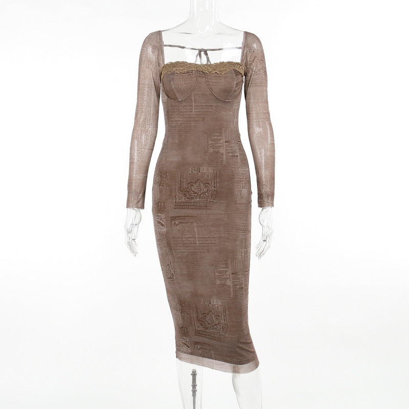 Luxe Corset-Inspired Lace Square-Neck Long Sleeve Maxi Dress