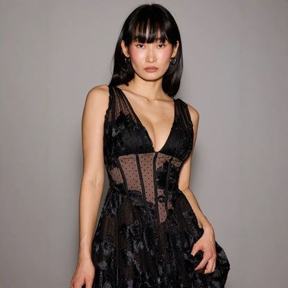 Midnight Mesh V-Neck Gown