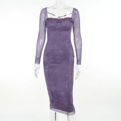Luxe Corset-Inspired Lace Square-Neck Long Sleeve Maxi Dress